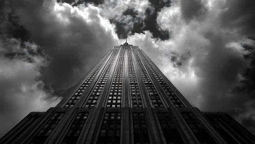 Monochrome low angle view of tall office skyscraper.
