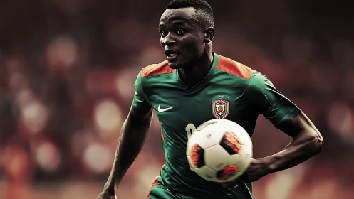 Dynamic football sprint with shallow depth-of-field rendering.