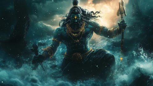 Mythic sea deity in storm-wracked oceanic digital painting.