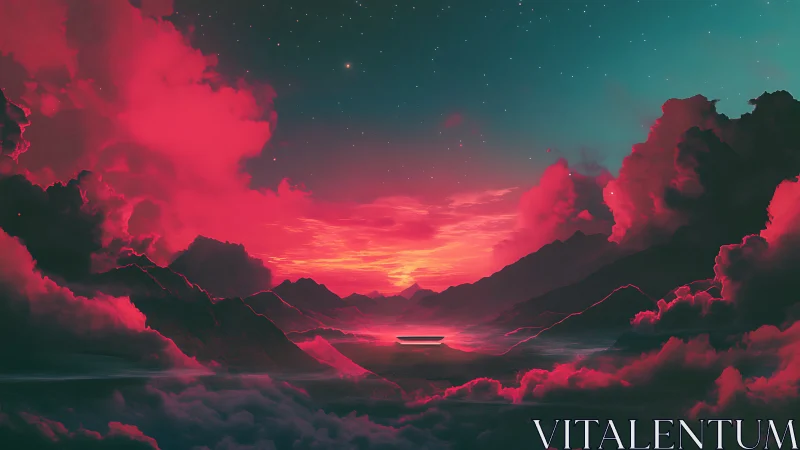 Nebular dusk over levitating monolith in crimson cloud valley