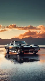 Classic black convertible reflects sunset on wet salt flats.