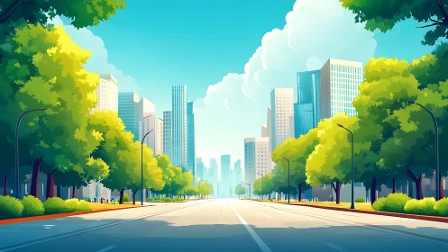 Sunlit city boulevard where trees and towers coexist peacefully.
