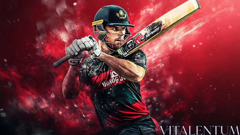Cricket batsman drives through bold red energy and motion