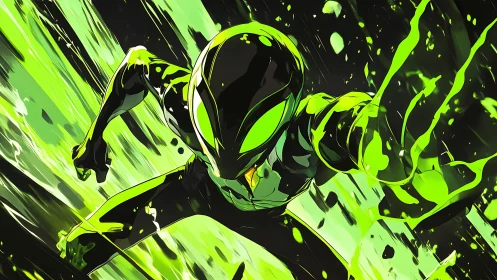 Neon cyber hero dives through explosive green energy