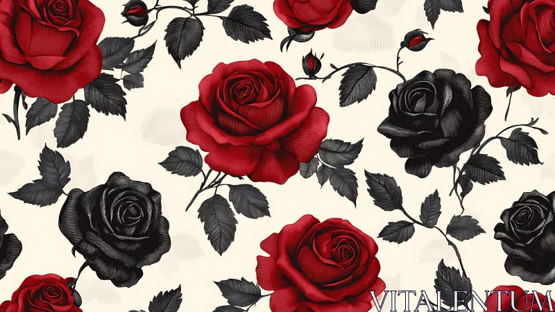 Red and Black Roses on Cream. Vintage Floral Pattern.