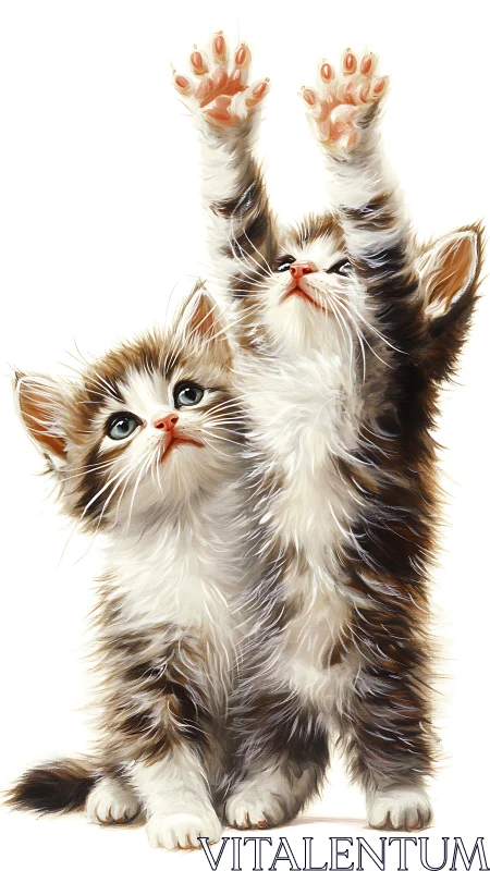 Two Long-Haired Kittens with Raised Paws on White.