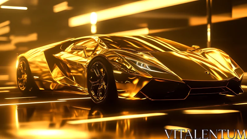 Golden futuristic supercar in luminous tunnel environment.
