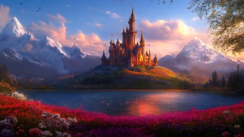 Sunlit fantasy castle above alpine lake at golden hour.