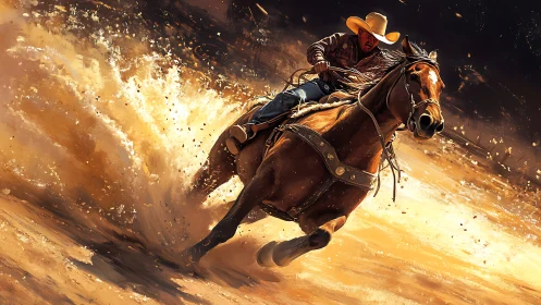 Dynamic vector cowboy on galloping horse in sand vortex field.