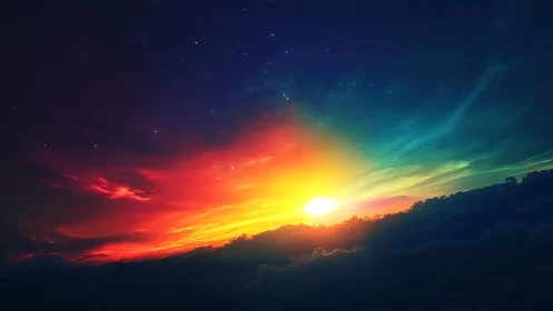 Vibrant digital sunrise over clouds and starry gradient sky.