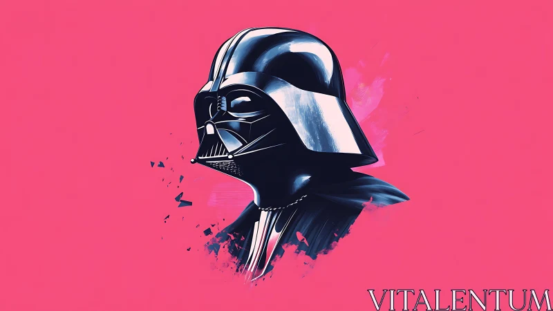 Dark sci-fi helmet portrait shimmers on bold pink ground