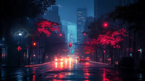 Nocturnal wet-street boulevard with neon-biased chromatic bloom.