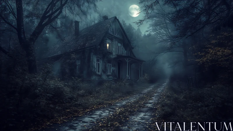 Moonlit forest cottage glowing softly at the end of a misty lane.