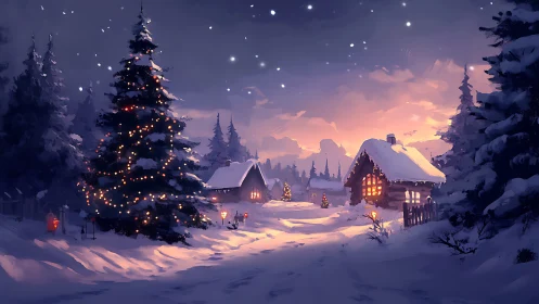 Snowy cottage village glows under twilight winter sky