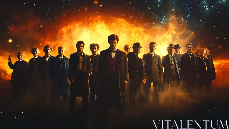 Lineup of suited figures before cosmic fiery backdrop.