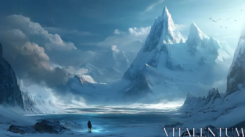 Lone explorer crossing vast frozen mountain valley.