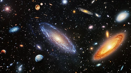 Multicolored spiral galaxies rendered in dense deep-space starfield