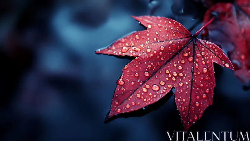 Red maple leaf holds glistening raindrops over dark water