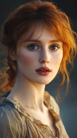Red haired young woman portrait in soft natural light.