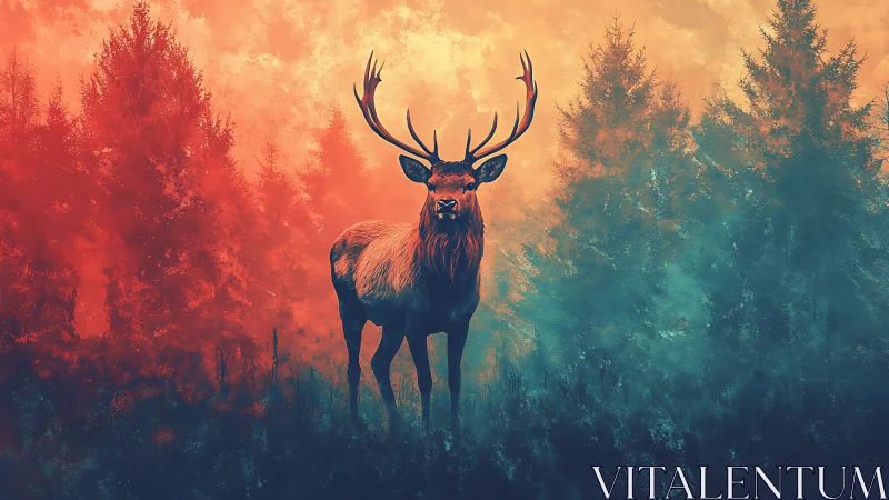 Stag in dual toned forest with atmospheric colored haze.