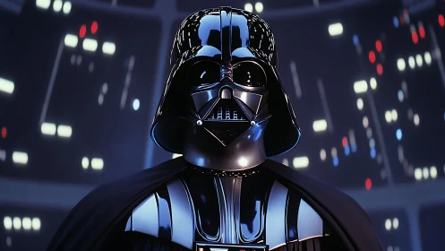 Helmeted dark lord amid humming neon starship glow.