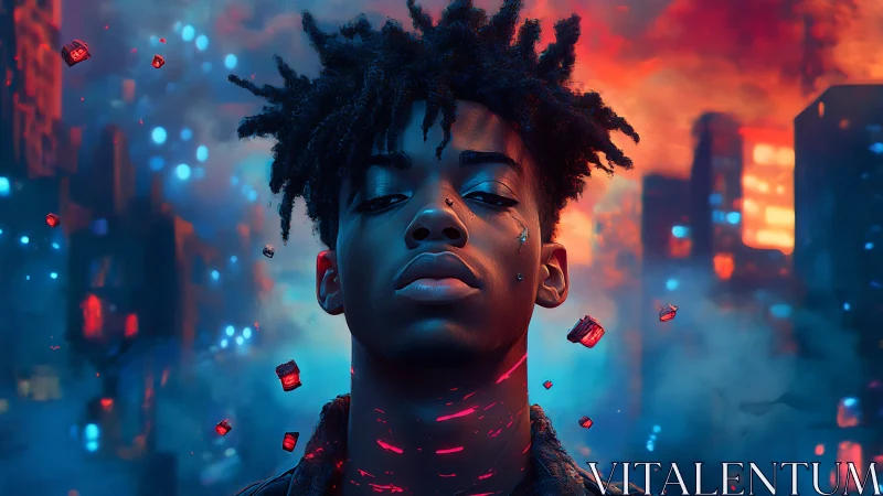 Neon urban portrait with floating data shards and luminescent skin.