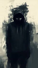 Hooded faceless figure emerges from abstract shadows.