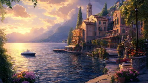 Lakeside town architecture is illuminated by low sunset light