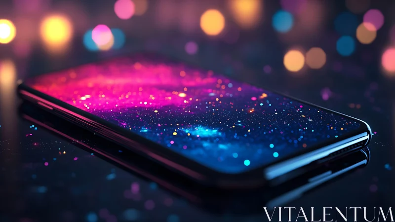 Dreamy galaxy smartphone glowing with colorful night lights.