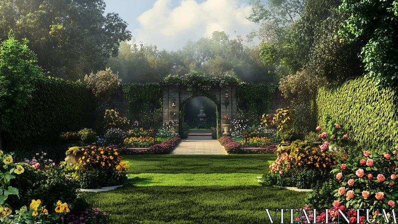 Formal walled garden with axial lawn and stone archway focus.