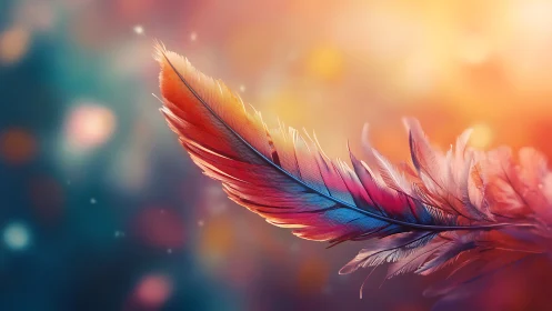 Digital painting of iridescent feather on luminous bokeh field.