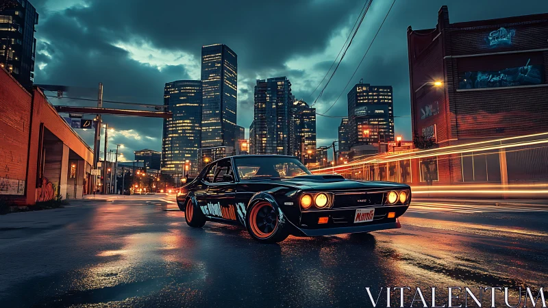 Modified muscle car sits on wet urban street at dusk