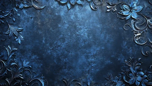 Embossed blue floral border on textured metallic background