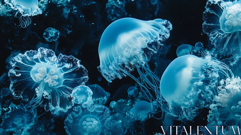 Luminous jellyfish waltz in a midnight sapphire sea.