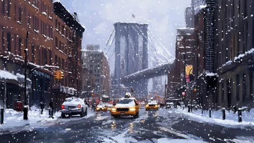 Digital painting of snowy urban bridge corridor with taxis foreground.