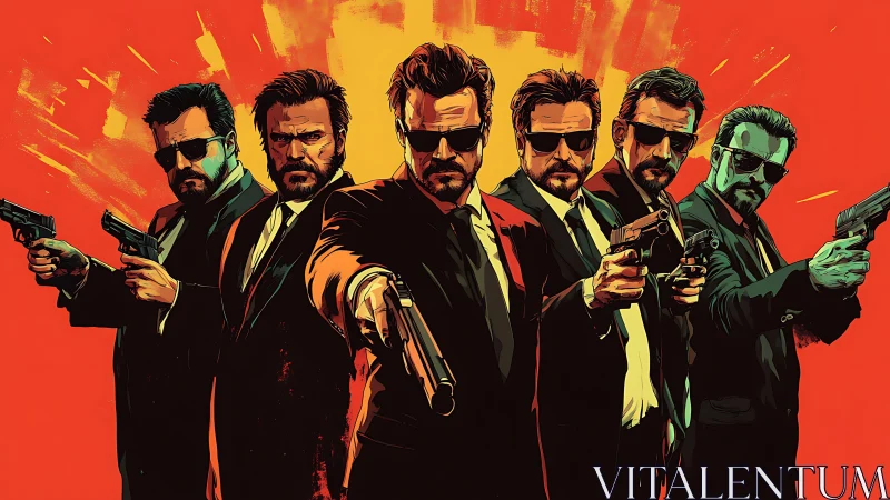 Gunmen in suits advance in stylized neon-noir action tableau