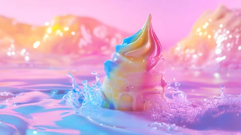 Pastel Swirl Ice Cream in Dreamy Water Splash, Surreal Art Style.
