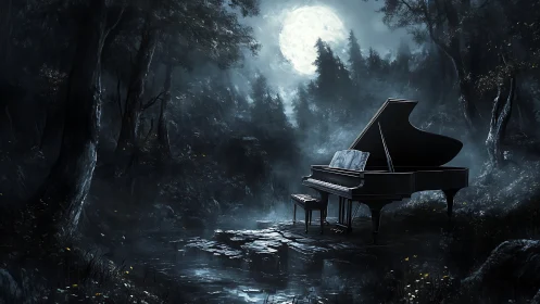 Grand piano stands on wet stone path under full moonlight