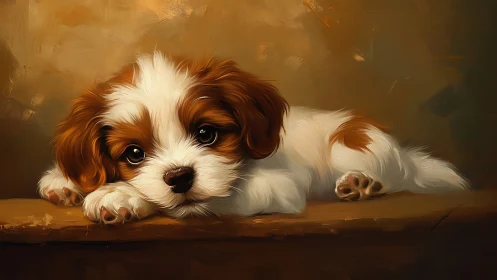 Resting Cavalier puppy portrait in warm painterly lighting