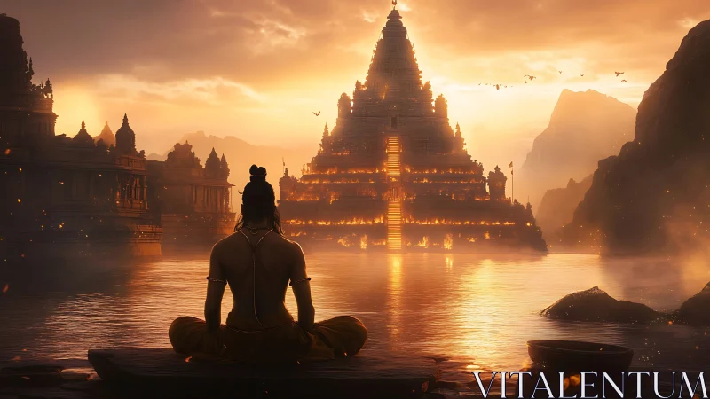 Solitary monk observes vast illuminated temple at sunset