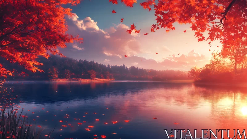 Autumn shoreline landscape with lake, forest and sky at dusk.