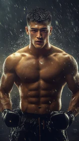 Storm-lit boxer stands carved in rain-soaked determination.