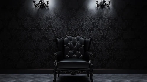 Baroque black leather armchair in dramatic low-key interior.