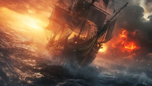 Tall ship cuts through storm waves under burning sunset sky