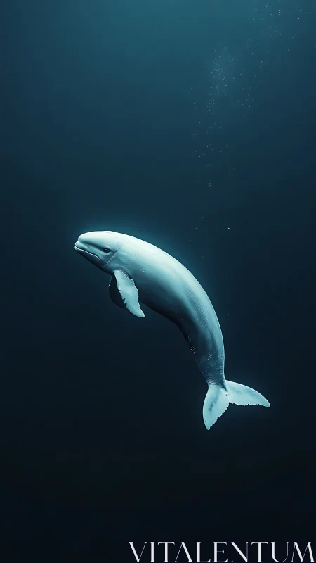 Beluga whale suspended in dark open water column.