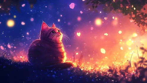 Glowing Cat Gazing Into a Magical Night of Love.