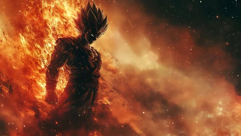 Fiery cosmic warrior silhouette emerges from blazing nebula