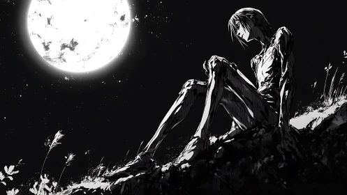Solitary figure seated on rocky slope under full moon.