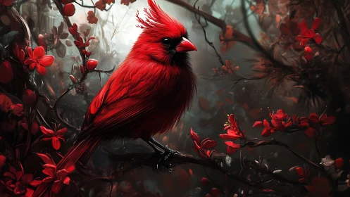 Vibrant Red Cardinal Perched in Enchanted Forest, Digital Art Style.