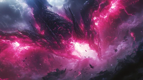 Vast dark structure splitting vivid pink storm clouds.